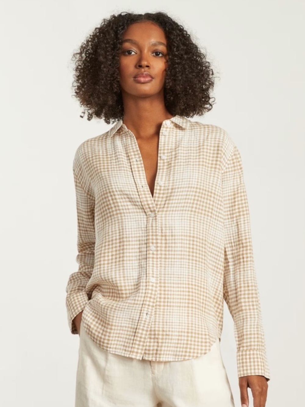 Everlane EUC Women’s Beige Gingham Button-Down Plaid Long Sleeve Shirt Size: 00
